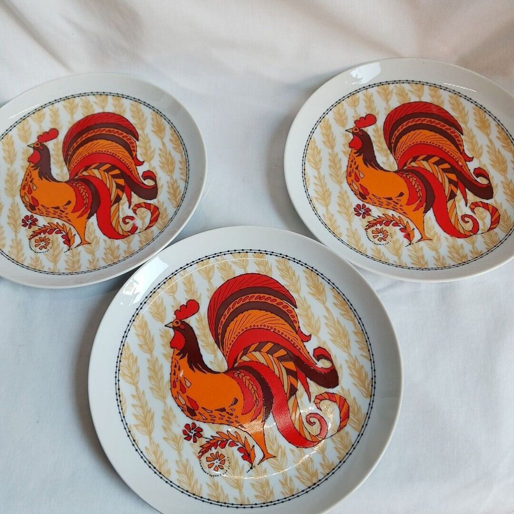 Vintage MCM Rooster Plates Set of 3 Japan 7.5 Inch